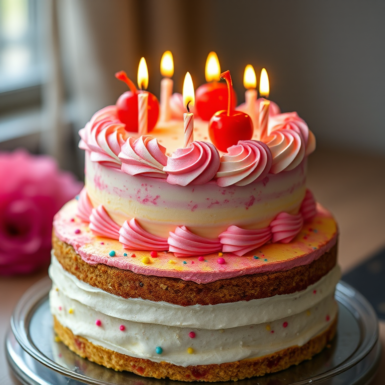 a beautifully decorated two-tier cake with colorful frosting, topped with lit candles and cherry decorations, shot with a DSLR camera, aperture f/2.8, ISO 100, 50mm lens, natural light, close-up view, vibrant colors, high resolution