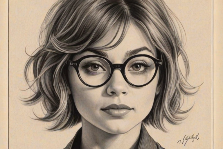Bewitching Sarah Hyland, pencil sketch, portrait of Ravishing woman 1927s in glasses, hair style beatnik, outline, clear lines, fine lines, 8k