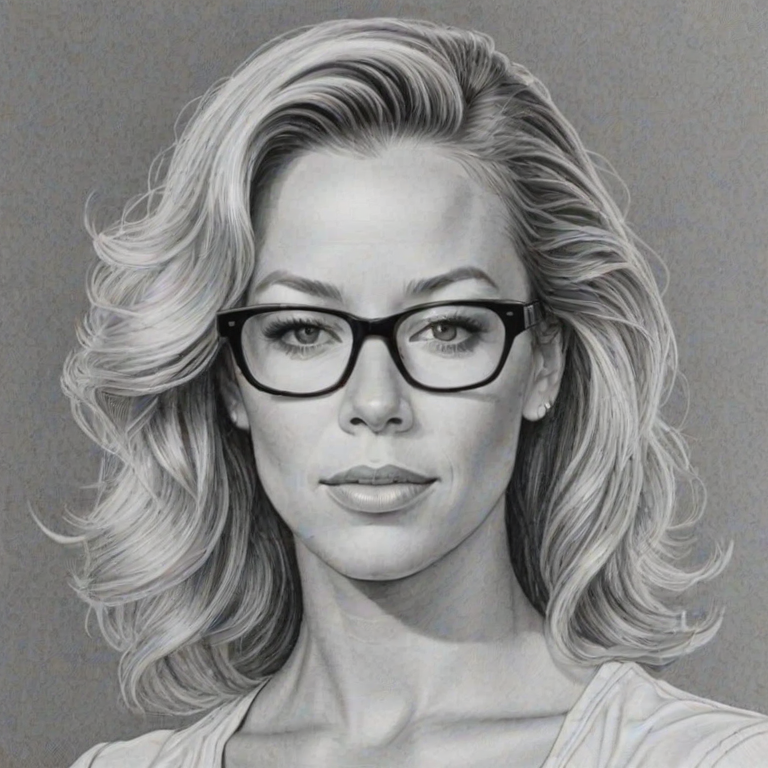 Enchanting Kendra Wilkinson, pencil sketch, portrait of Resplendent woman 1980s in glasses, hair style beatnik, outline, clear lines, fine lines, 8k