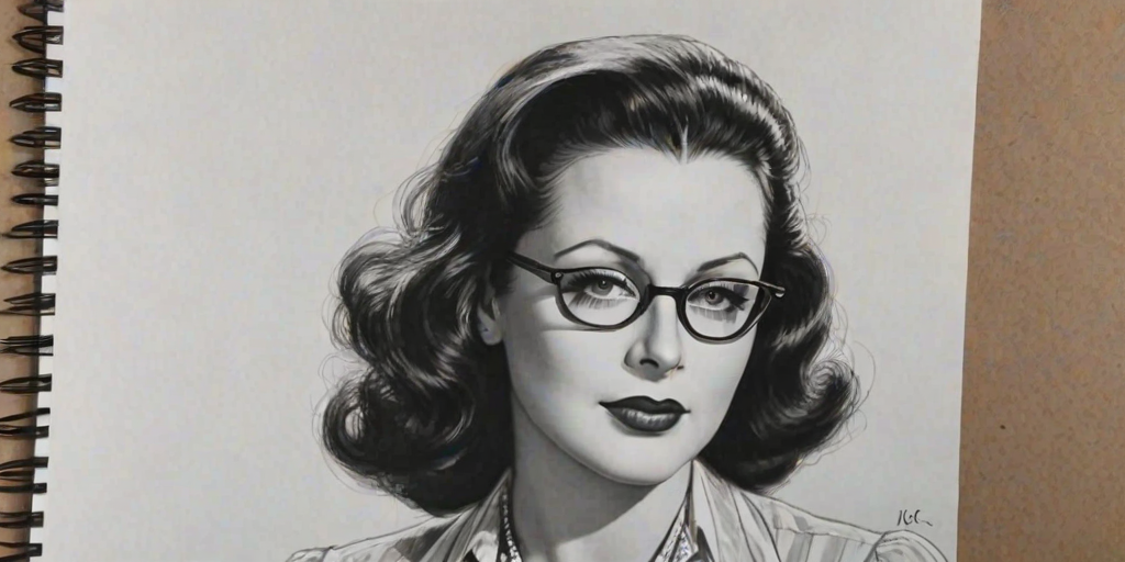Enchanting Hedy Lamarr, pencil sketch, portrait of Dazzling woman 1955s in glasses, hair style beatnik, outline, clear lines, fine lines, 8k