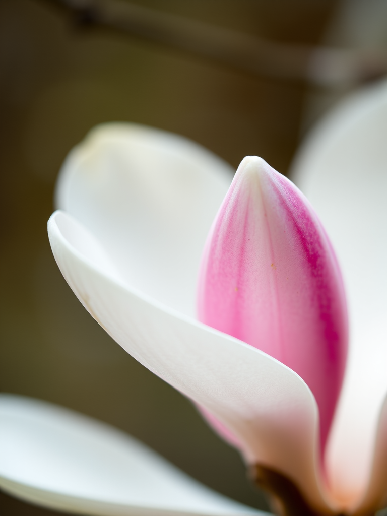macro shot of a magnolia bud with soft focus background, aperture f/2.8, ISO 100, shutter speed 1/200s, 50mm lens, natural light, DSLR camera