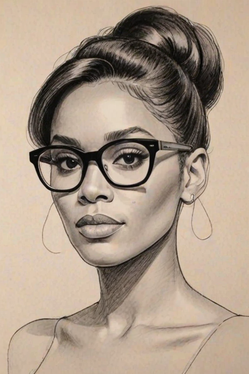 Elegant Janelle Mon'e, pencil sketch, portrait of Sublime woman 1969s in glasses, hair style beatnik, outline, clear lines, fine lines, 8k