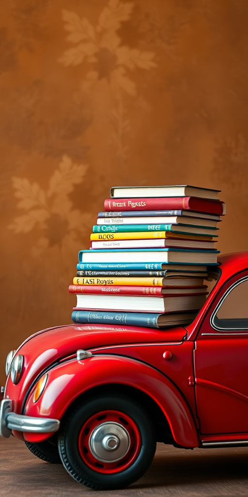 A vintage red car with a stack of colorful books on top, set against a warm, textured brown background, shot with a DSLR camera at f/2.8, ISO 100, 50mm lens, in soft natural light for enhanced image quality and vibrant colors.