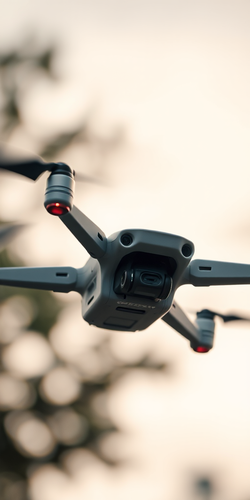Aerial shot of a drone in flight, captured with a DSLR camera setting at f/2.8, ISO 100, shutter speed 1/2000s, using a wide-angle lens, taken from a low angle to emphasize motion and clarity, with a soft-focus background and sharp detailing on the drone.