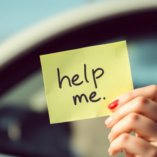 woman holding a note which says "help me"
