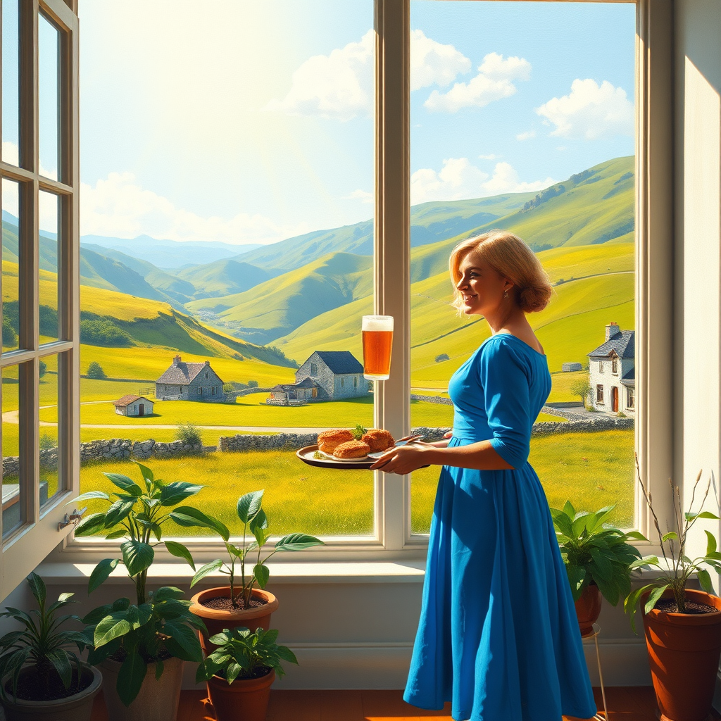 In "A Glass of Beer on the Highland," a serene scene is depicted in a sunlit room where a woman in a vibrant blue dress stands by a large window. She holds a tray with a hearty meal and a frothy glass of beer, embodying a moment of relaxation. Outside, the breathtaking highland landscape features rolling green hills and a charming traditional house, all bathed in warm afternoon light. The interior is adorned with potted plants, creating a harmonious blend of comfort and nature. The painting beautifully captures the tranquility and joy found in simple pleasures amidst stunning scenery