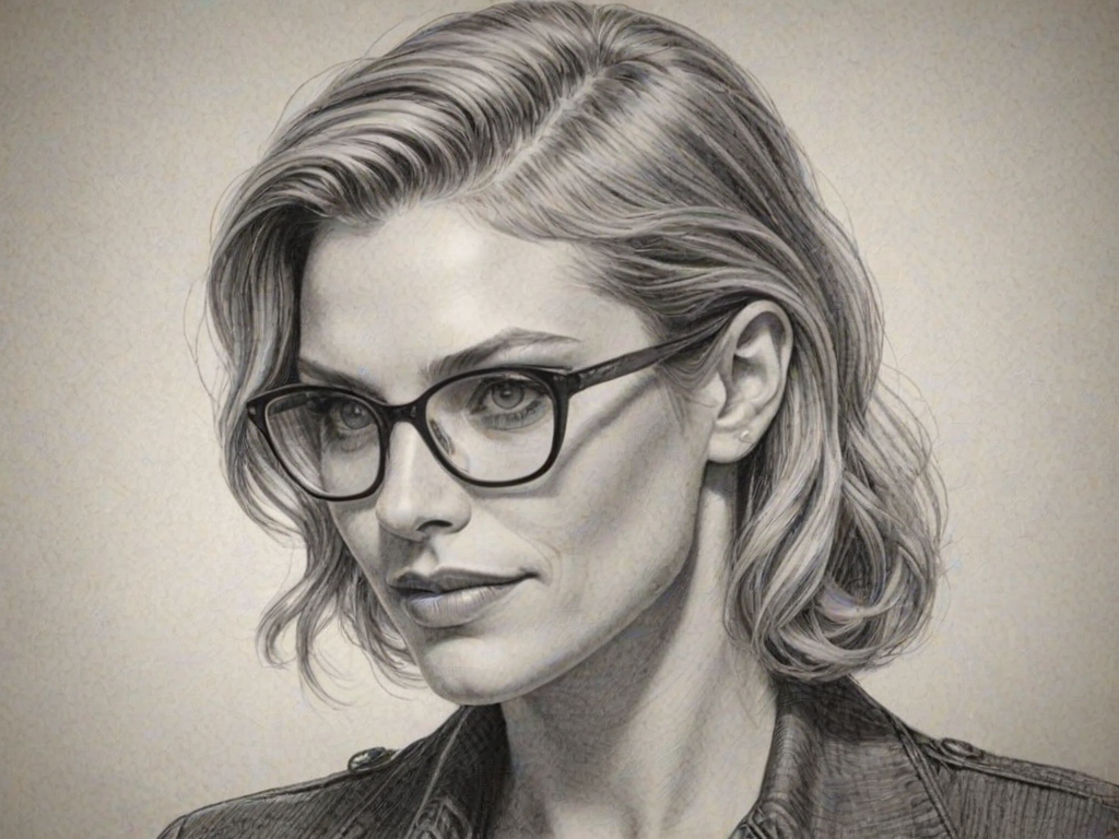 Graceful Katee Sackhoff, pencil sketch, portrait of Enticing woman 1943s in glasses, hair style beatnik, outline, clear lines, fine lines, 8k