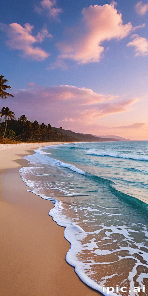 Serene Sunset Over a Tranquil Beach with Gentle Waves and Palm Trees
