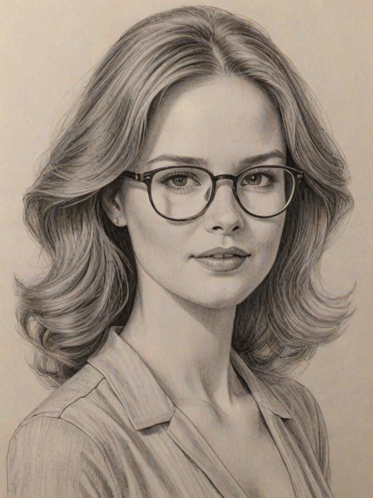 Stunning Sarah Drew, pencil sketch, portrait of Delightful woman 1979s in glasses, hair style beatnik, outline, clear lines, fine lines, 8k