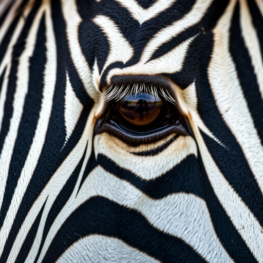 Close-up of a zebra’s face, focusing on its eye. The zebra’s distinctive black and white stripes are prominent, with its large brown eye showing detailed lashes and a slight reflection. The texture of the zebra’s skin and fur is visible, creating a sharp contrast between the dark and light stripes.