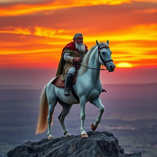 Create a dramatic scene of a wise, elderly warrior riding a majestic white horse atop a rocky cliff with a vibrant sunset in the background, emphasizing the orange and purple hues in the sky, captured with a DSLR camera at f/1.8 aperture, ISO 100, 24mm lens, with a shallow depth of field and high dynamic range settings for enhanced color vibrancy and detail.