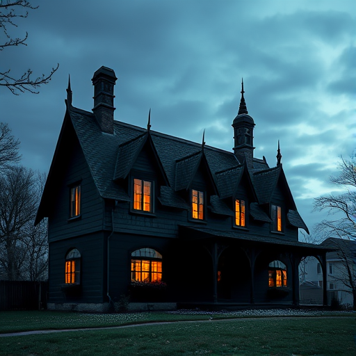 A spooky black house with multiple jagged roofs and glowing windows, captured with a DSLR camera at f/8 aperture, ISO 100, 24mm lens, landscape view, using high dynamic range imaging for enhanced details.