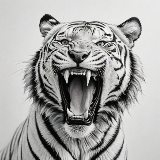 Abstract black and white acrylic portrait of an over exaggerated laughing (tiger). Minimalism style. White background.