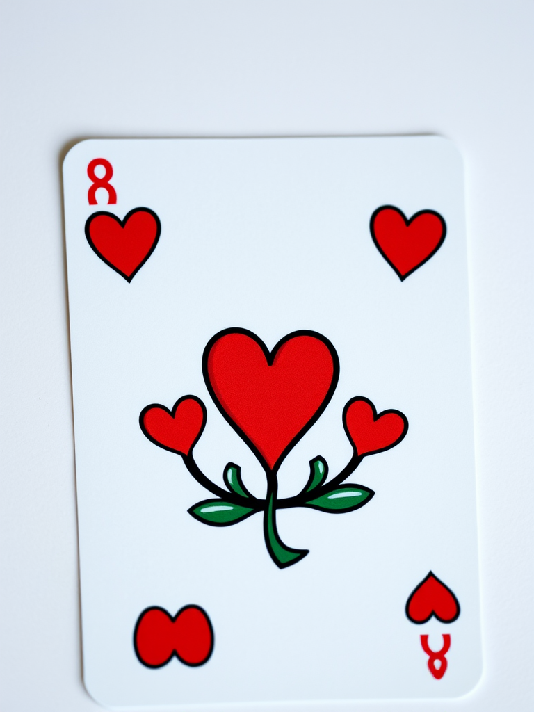 Generate an illustrated playing card featuring the number 8 of hearts, using a DSLR camera with a 50mm lens, aperture set to f/2.8, ISO 100, and a slight top-down angle for enhanced clarity and vibrant colors.