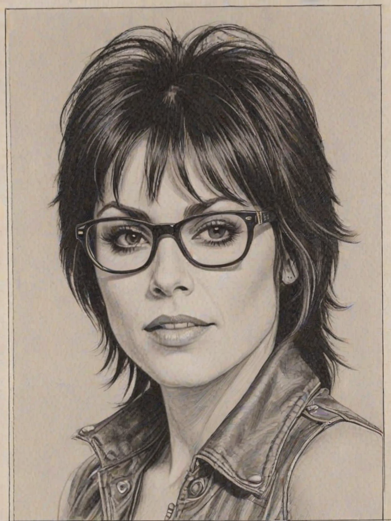 Radiant Joan Jett, pencil sketch, portrait of Sublime woman 1978s in glasses, hair style beatnik, outline, clear lines, fine lines, 8k