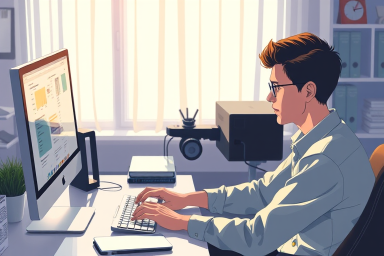 Create a high-resolution digital illustration of a person intently working at a computer, using a modern desk setup, soft natural lighting, 50mm lens, f/2.8 aperture, 1/60s shutter speed, with a slight top-down angle to emphasize their focus on the screen.