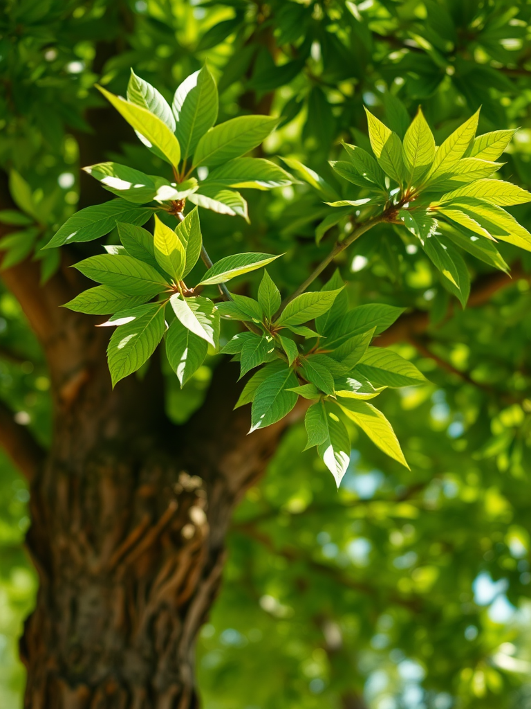 Create a high-resolution digital illustration of a tree with lush green leaves and a sturdy brown trunk, using a macro lens with a shallow depth of field to emphasize the texture of the leaves, shot with a DSLR camera in bright natural light.