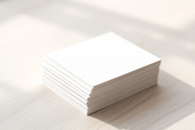 Create an image of a stack of blank white cards with one card slightly separated from the stack, using a Canon EOS R camera, 50mm lens, aperture f/2.8, ISO 100, natural soft lighting from the left, and a shallow depth of field to enhance focus on the cards.