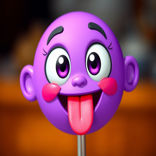 Create a vibrant cartoonish purple emoji with large expressive eyes and a playful tongue sticking out, captured with a Canon EOS R5, 50mm lens, f/2.8 aperture, ISO 100, shot in natural lighting with a soft background blur.