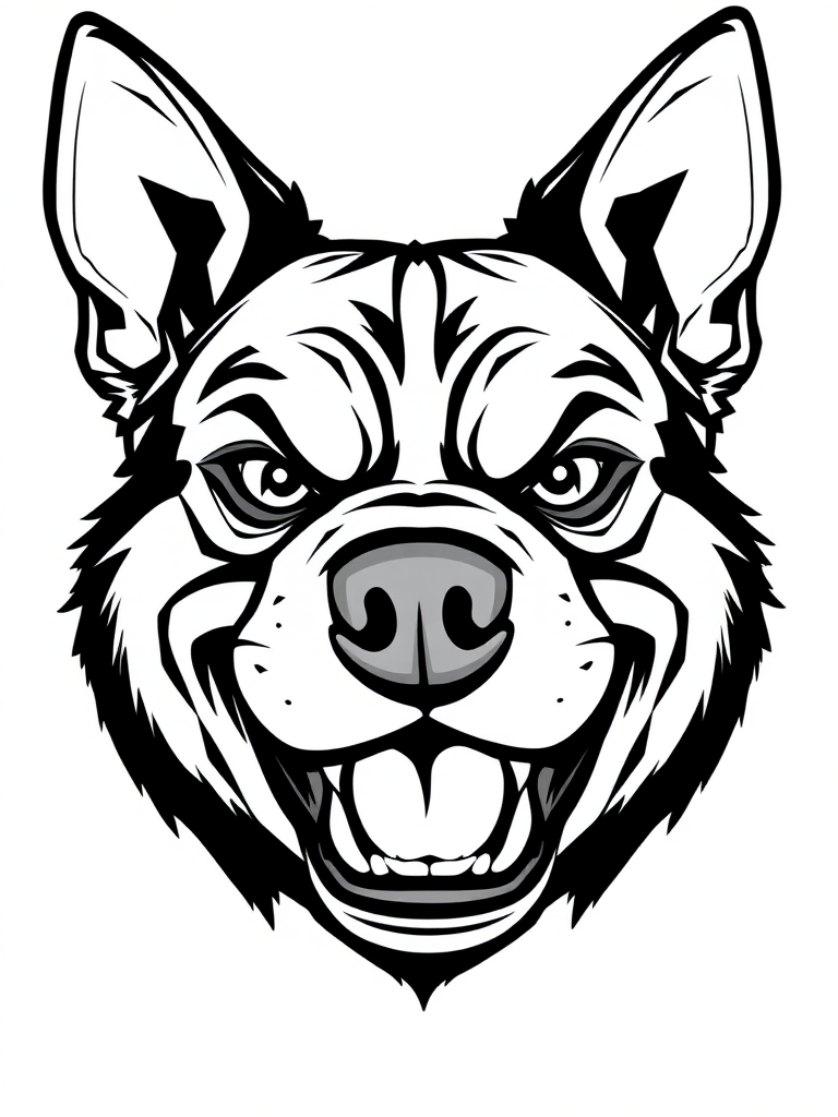 Create a high-resolution black and white vector illustration of an angry dog face with exaggerated features, low-angle view, using a DSLR camera with a 50mm lens at f/1.8, ISO 100, and shutter speed 1/200 sec.