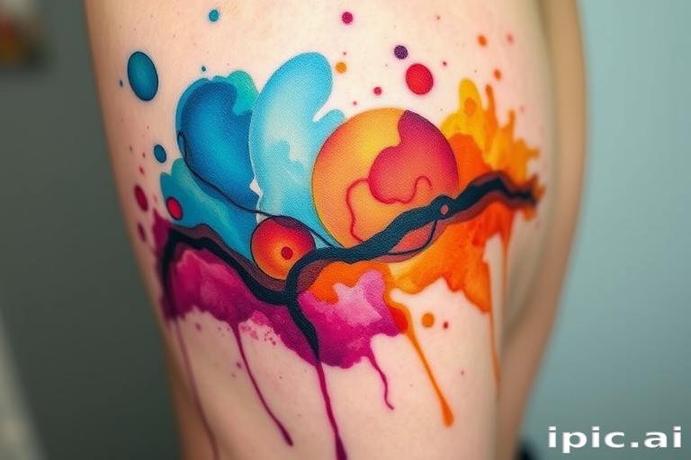 Watercolor splash tattoo called "Chromatic Cascade" with vibrant hues bleeding and blending into each other to form an abstract landscape of flowing colors and subtle gradients