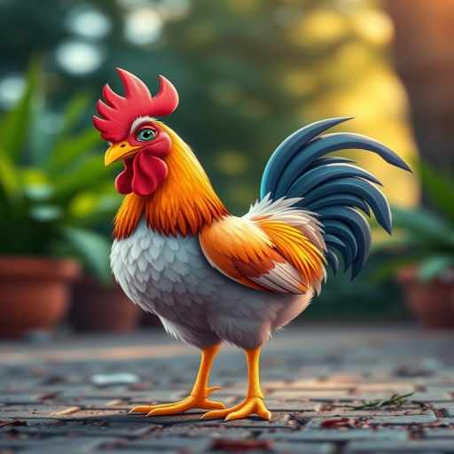 Create a vibrant illustration of a cartoon chicken standing proudly, with detailed feather textures and bright colors, using a high-resolution digital art style, shot from a low angle perspective to emphasize its features, with a soft focus background to enhance the chicken's prominence, simulating a DSLR camera with an aperture of f/2.8 for depth of field.