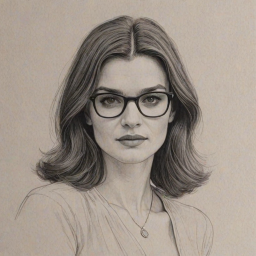 Comely Rachel Weisz, pencil sketch, portrait of Resplendent woman 1972s in glasses, hair style beatnik, outline, clear lines, fine lines, 8k