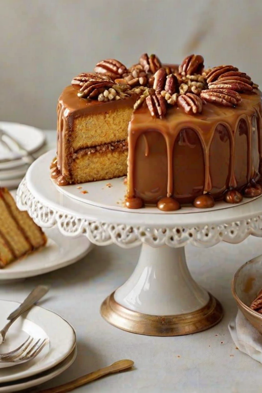 Create an image of a beautifully decorated cake with a rich caramel glaze. The cake should have a golden-brown color, topped with pecans, and show a slice cut out to reveal its moist interior. The setting should be elegant, with the cake displayed on a decorative cake stand.