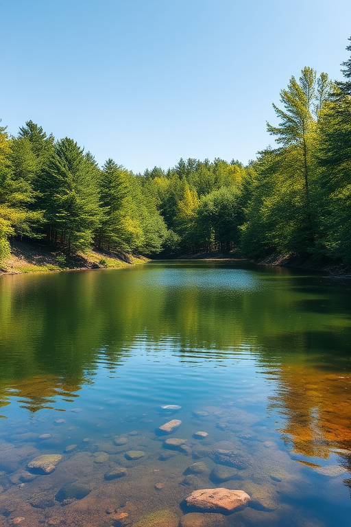 Create a high-resolution image of a tranquil natural landscape featuring a serene lake surrounded by lush green trees, with a clear blue sky overhead, using a DSLR camera at f/8 aperture, ISO 100, 1/250 shutter speed, in landscape mode with a wide-angle lens.