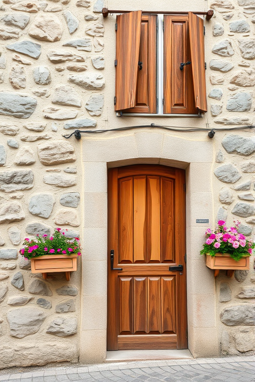 Generate an image of a weathered stone wall with a wooden door and adjacent smaller door, featuring wooden shutters on a window above, surrounded by planter boxes filled with flowers, captured with a DSLR camera at f/8 aperture, 1/125 shutter speed, ISO 200, in natural light, shot from a low angle to emphasize texture and detail.