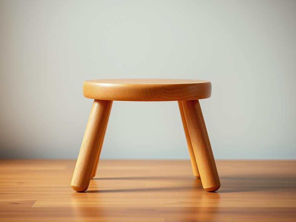 Create a high-resolution image of a simple wooden stool with three legs, using a DSLR camera, 50mm lens, f/2.8 aperture, ISO 100, natural lighting, and a shallow depth of field for a clean background.