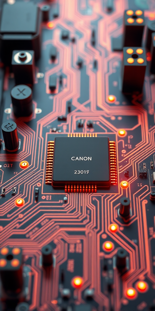 Generate a high-resolution 3D illustration of a futuristic circuit board with digital elements and glowing connections, captured with a Canon EOS R5 at f/1.8, ISO 100, and a 24mm lens, using a top-down view and soft lighting for enhanced detail and depth.