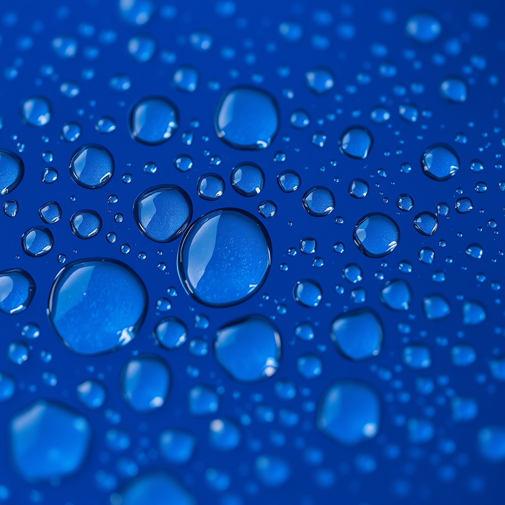 Create an image of blue water droplets on a dark blue background with high resolution, using a DSLR camera with a 50mm lens, f/1.8 aperture, ISO 200, with a shallow depth of field and natural lighting to enhance the clarity and texture of the droplets.