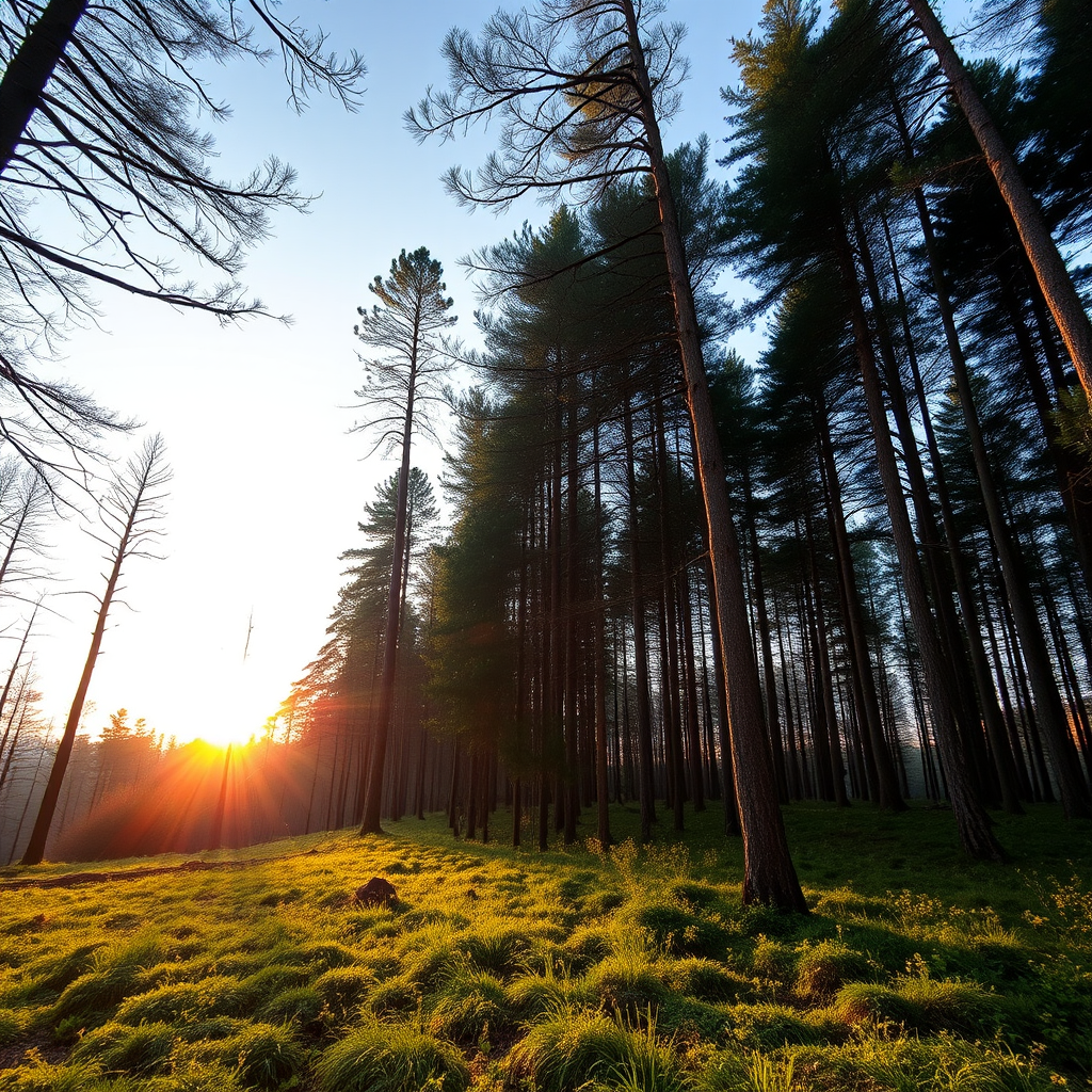 Generate an image of a serene forest landscape during sunrise with soft light filtering through the trees, captured with a Canon EOS R5 at f/4, ISO 100, 1/60 sec, wide-angle view, in a vibrant color style.