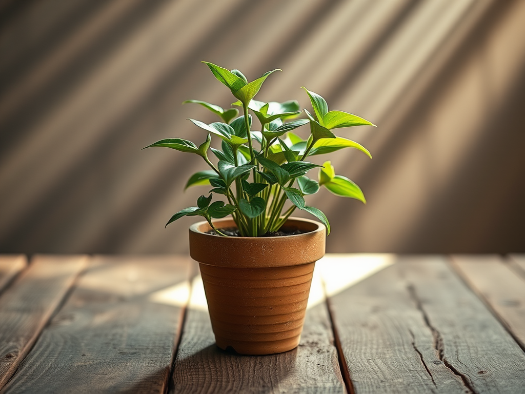 Create a high-quality image of a potted plant in a rustic terracotta pot, softly illuminated by natural light beams coming from the top left, set on a wooden surface with texture details, using a DSLR camera with a 50mm lens, aperture f/2.8, ISO 100, and a slight vignette effect for depth.