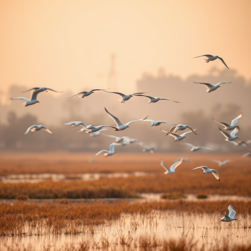 Capture a serene morning scene of a flock of white birds in flight over a tranquil wetland, using a Canon EOS 5D Mark IV, 135mm lens, ISO 200, f/5.6 aperture, and a shutter speed of 1/1000s, with a soft focus background and warm golden light.