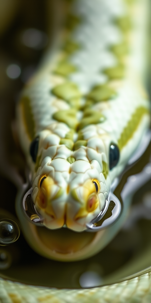 A close-up of a snake with a smooth, textured white and green skin, submerged in water with bubbles around it, soft background bokeh, macro lens, f/2.8 aperture, ISO 100, 1/200 sec shutter speed, natural light.