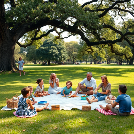 Family gathering at a picnic in the park, blankets spread out on the grass, children playing frisbee nearby, and adults enjoying sandwiches and laughter under the shade of a large oak tree.