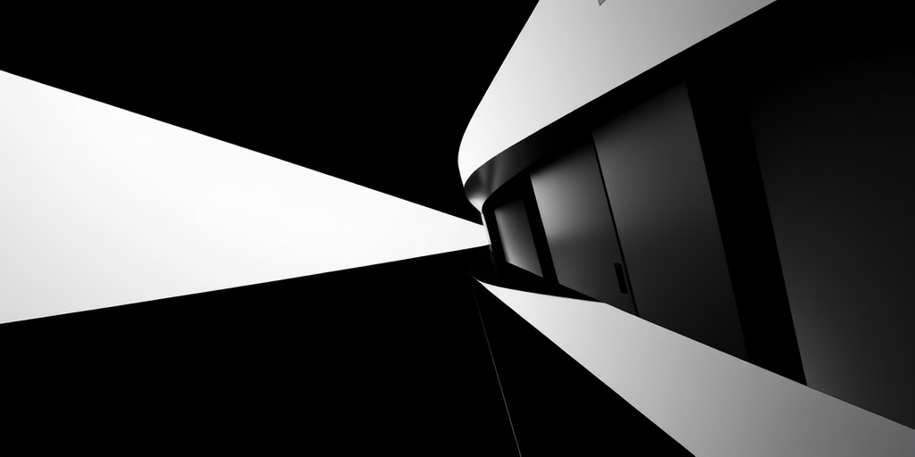 Create an abstract black and white geometric design with sharp contrasts, shot from a high angle with a 50mm lens, aperture set to f/1.8, ISO 100, and in standard color mode, using a digital SLR camera.
