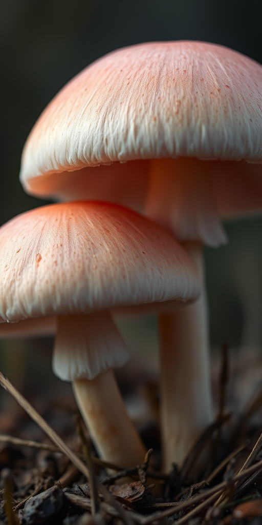 Create a highly detailed and realistic illustration of two mushrooms with soft pink highlights and smooth textures, captured with a Canon EOS R5, using a 85mm f/1.2 lens, at ISO 100, aperture f/4, with a shallow depth of field against a dark background to enhance the subject.
