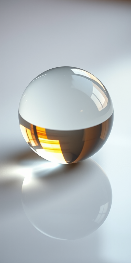 Create an image of a crystal ball on a smooth surface, glossy reflection, soft lighting, captured from a slightly elevated angle using a DSLR camera at f/2.8 aperture, ISO 100, and a focal length of 50mm for a shallow depth of field, ensuring vibrant colors and sharp details.