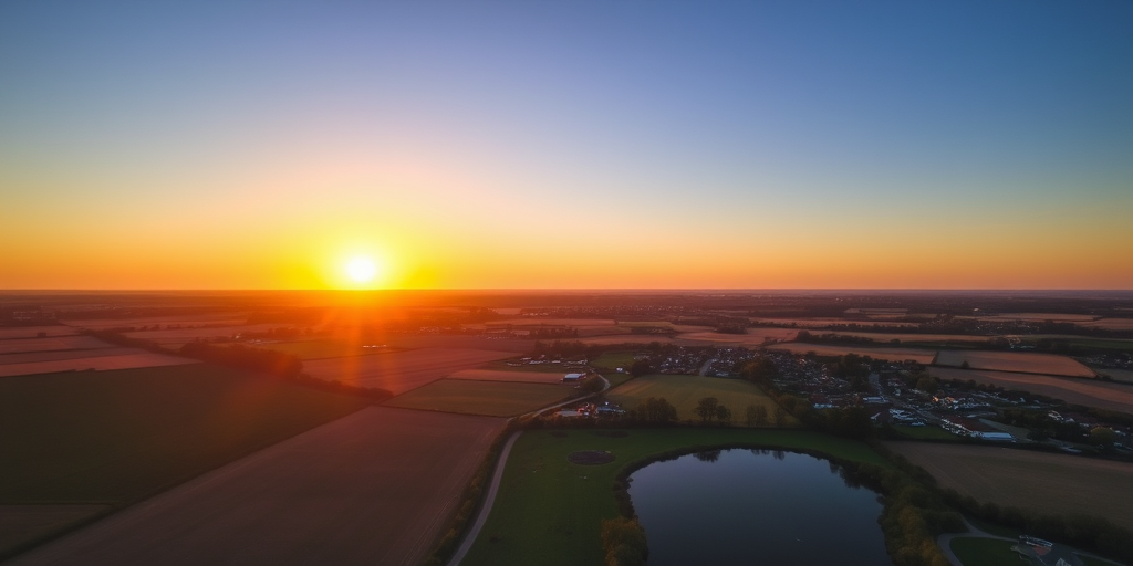 aerial view of a picturesque rural landscape with fields, villages, and a pond under a clear sky at sunset, captured with a drone camera at 4K resolution, ISO 100, f/2.8, 1/200s, low angle, wide lens