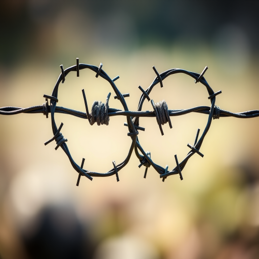 Create an intricate infinity symbol made of barbed wire with detailed textures and shading, captured using a DSLR camera with a 50mm lens at f/1.8, ISO 200, and a shallow depth of field to emphasize the design against a blurred background.