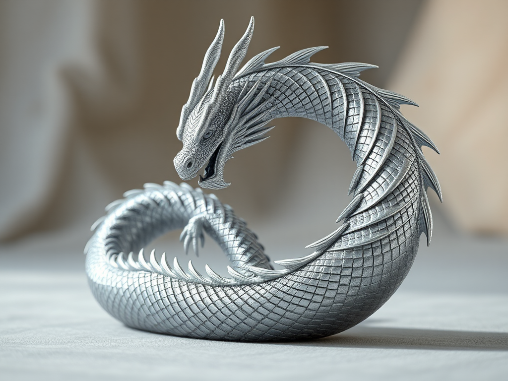 Create a highly detailed 3D rendering of a silver dragon in a curled position, captured using a Canon EOS R5 camera at 85mm focal length, f/1.4 aperture, ISO 100, in a soft diffused light environment with a shallow depth of field to enhance texture and detail.