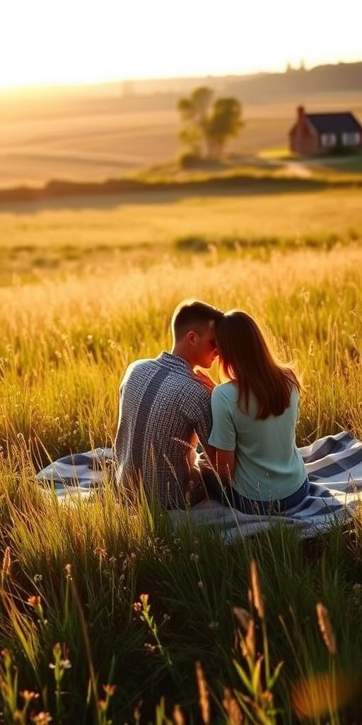 Warmly lit image of a couple sitting together on a blanket in a sun-drenched meadow, tall grass swaying in the breeze, wildflowers blooming around them, sunlight casting long shadows, a distant farmhouse barely visible in the background.