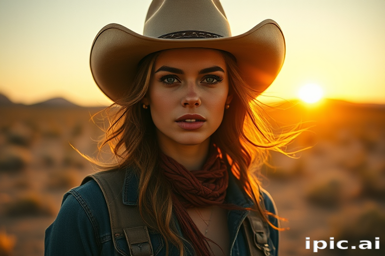 Dramatic photo of a beautiful Western American woman, classic cowboy attire, confident and free spirit expression, half-length portrait, centered, golden hour desert landscape, warm, diffused light, low angle, medium format film camera, in style of Annie Leibovitz.