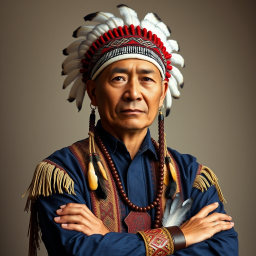 Create a dignified portrait of a Native American man dressed in traditional attire. He wears a beautifully crafted headdress adorned with white feathers and red beads, along with a beaded headband featuring intricate patterns. His clothing includes a deep blue, patterned shirt and a traditional chest piece with detailed beadwork. His arms are crossed, displaying leather armbands decorated with feathers. The background is simple and neutral, emphasizing his proud and stoic expression. The overall image captures the rich cultural heritage and strength of his persona.