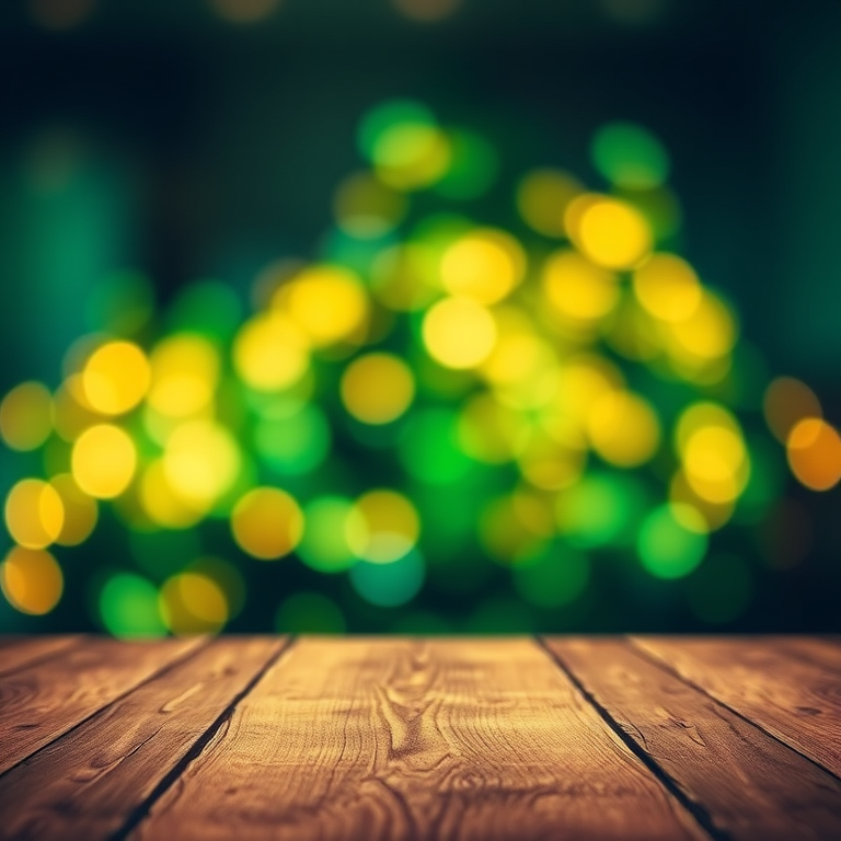 Create a blurred background with soft, glowing bokeh lights in shades of green and gold. Include a wooden table surface in the foreground, showcasing its texture and grain, to give a warm and inviting atmosphere. The overall scene should evoke a sense of tranquility and warmth, suitable for a festive or cozy setting.