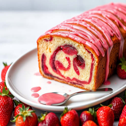 A beautifully decorated loaf cake with a vibrant pink glaze drizzled on top, showcasing a marbled interior with swirls of fruit filling, served on a white plate surrounded by fresh strawberries and a small spoon with pink sauce.