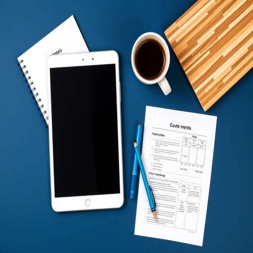 Create a high-resolution flat lay image of a tablet, a notepad labeled "Notes," a pencil, a blue pen, a cup of coffee, and a document with charts on a deep blue background, using a Canon EOS 5D Mark IV, 50mm lens, aperture f/2.8, ISO 100, natural lighting.